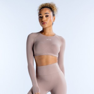 Top DFYNE Dynamic Long Sleeve Crop Feminino Bege | JRWAXT301